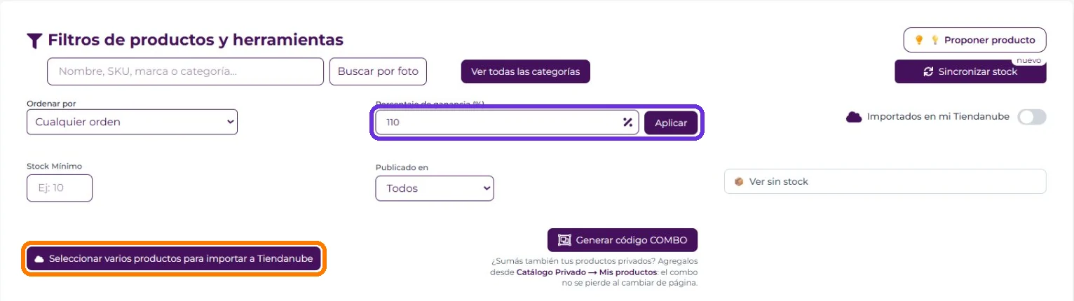 Filtros del catálogo de Unidrop con el botón Seleccionar varios productos para importar a Tiendanube destacado