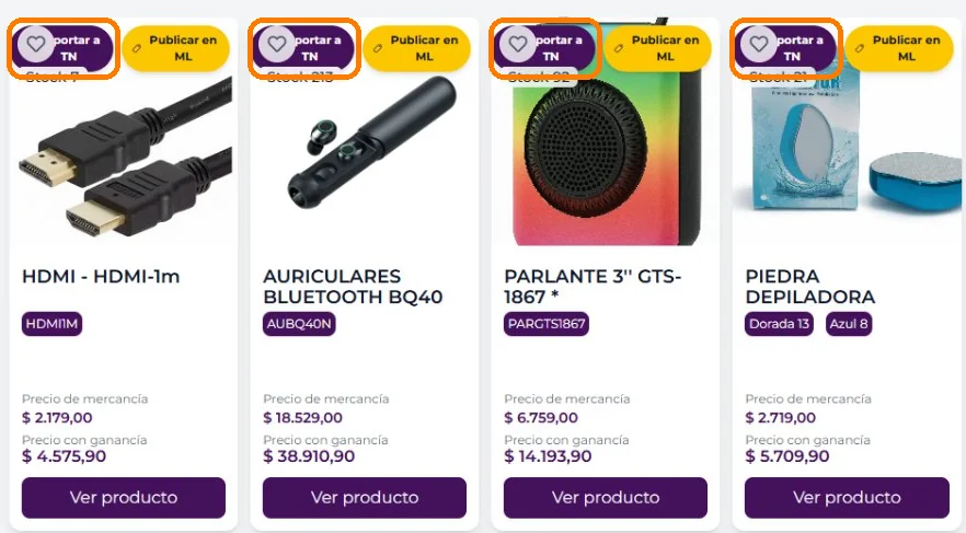 Tarjetas de productos del catálogo de Unidrop con el botón Importar a TN destacado