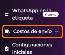 Menú Mi tienda y herramientas de Unidrop con Costos de envío destacado