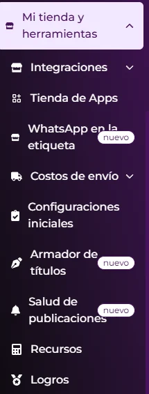 Menú Mi tienda y herramientas del panel de Unidrop