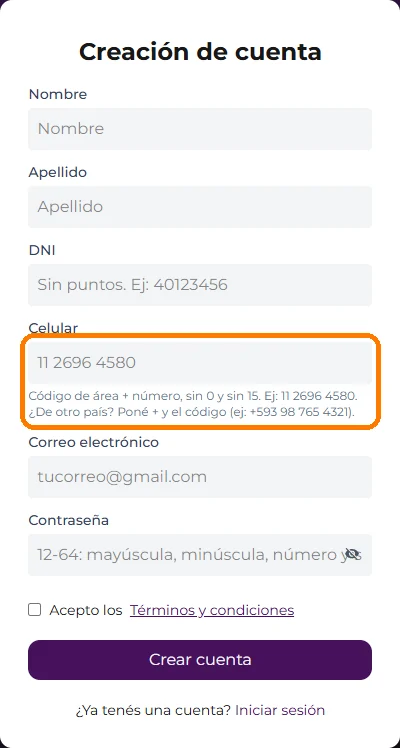 Formulario de creación de cuenta de Unidrop, con el campo Celular destacado